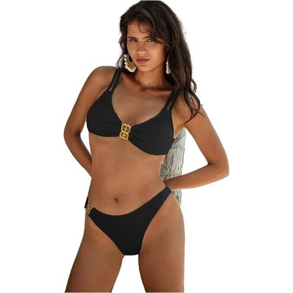 BYINDED Bikini Set Women Medium Black Textured Gold Logo Hardware Two Piece
